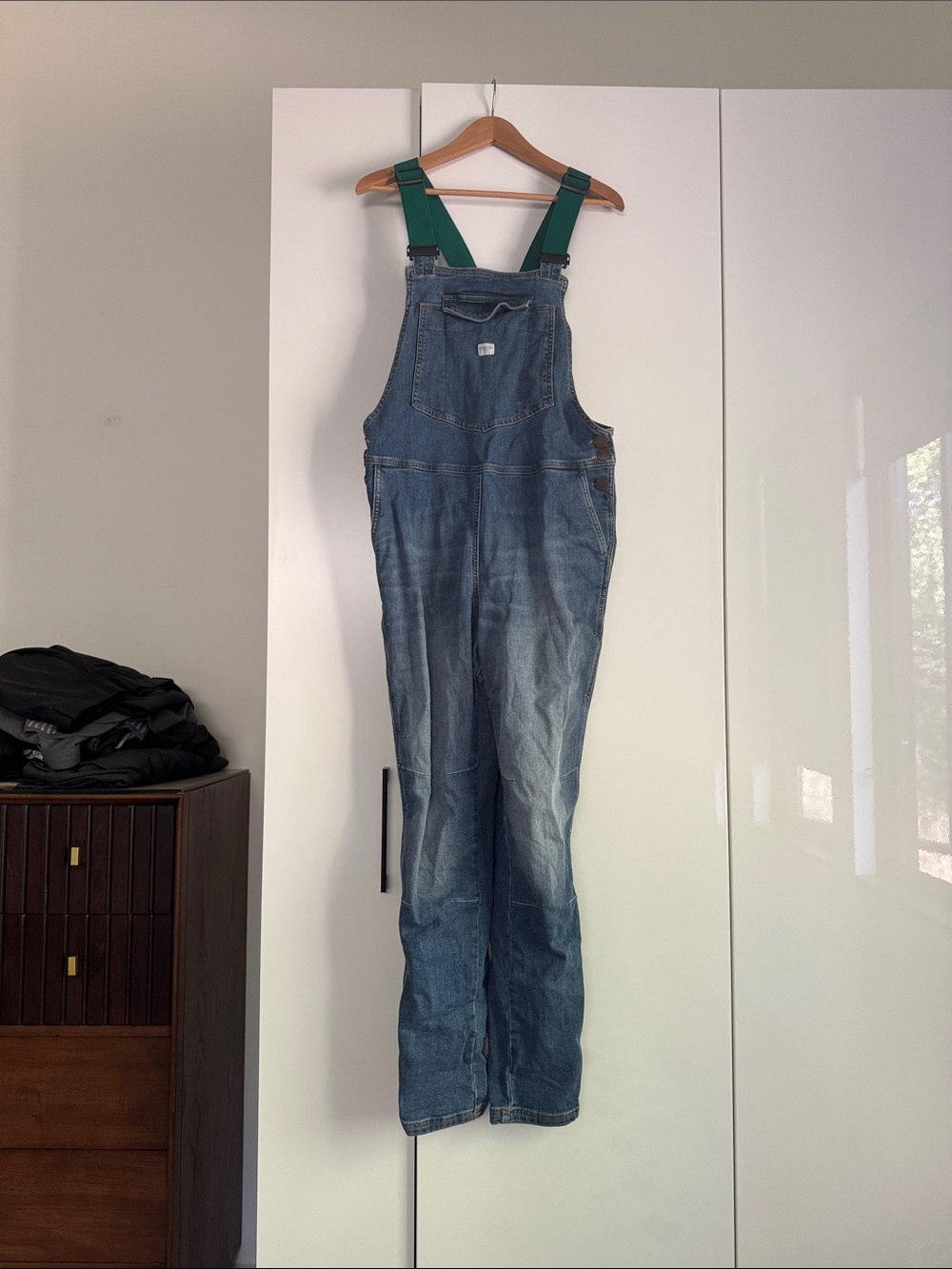 Women's Blue Denim Overalls with Green Straps